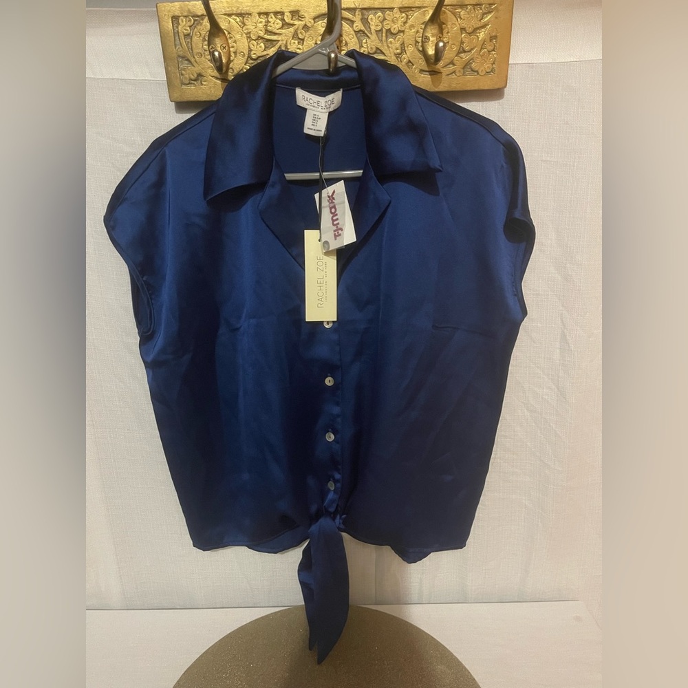 Rachel Zoe Deep Navy Silk Button-Front Tie Hem Cap Sleeve Top